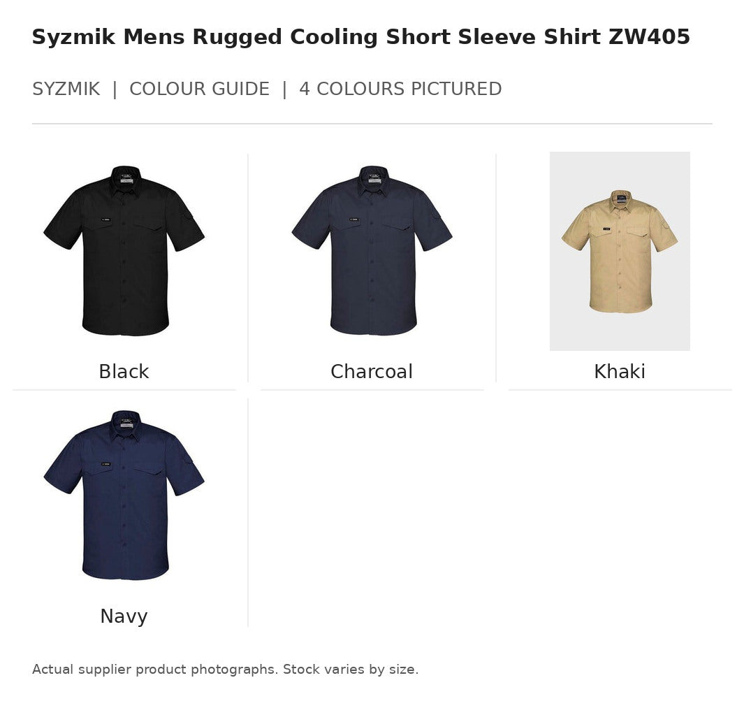 Syzmik Mens Rugged Cooling Short Sleeve Shirt ZW405 visual colour guide showing 4 garment colours with names